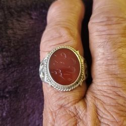 Vintage 925 Genuine Red Agate Engraved Aqeeq Islamic Sterling silver Ring Size 11-1/4