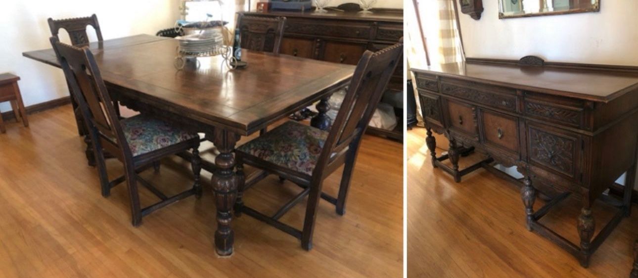 Beautiful Vintage Spanish Revival Dining Table with Chairs & Buffet 