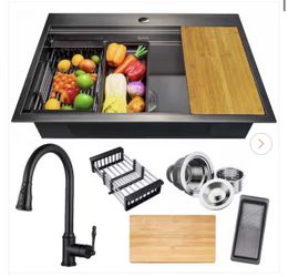 All-in-One Matte Black Stainless Steel 33 in. x 22 in. Single Bowl Drop-in Kitchen Sink with Pull-down Faucet