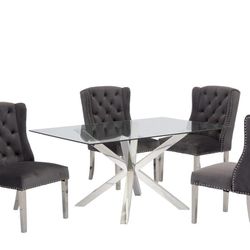 GLAM GRARY VELVET WINGBACK TUFTED CHAIRS 5 PIECE DINING TABLE SET - COMEDOR MESA SILLAS GRIS PLATEADO