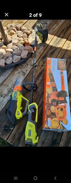 Black & Decker 14" chainsaw, Ryobi weed wacker & blower (3) tool corded electric combo