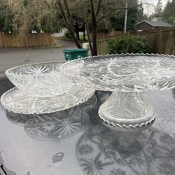 Cut Glass Cake Platform, Platter, Serving Bowl Set