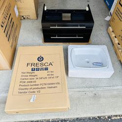 Brand New Floating Bathroom Vanity With Quartz Top And Vessel Sink Set.
