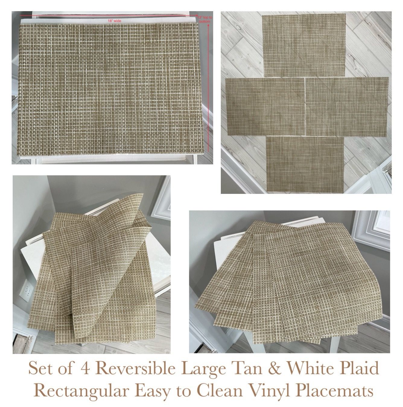 Set of 4 Reversible Large Tan & White Plaid Rectangular Easy to Clean Vinyl Placemats