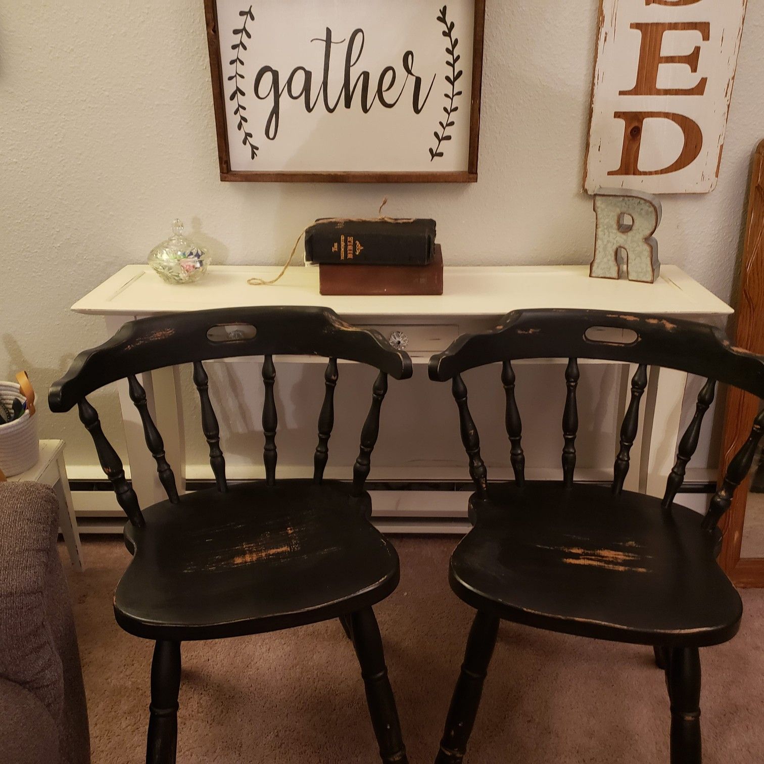 Rustic milk painted antique chairs