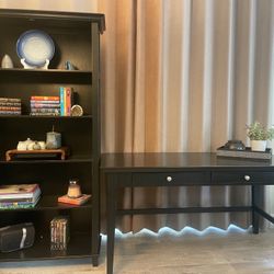 Solid Wood Desk And Bookshelf，Black Color
