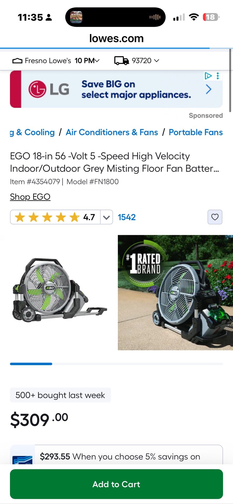 EGO 18-in 56 -Volt 5 -Speed High Velocity Indoor/Outdoor Grey Misting Floor Fan Battery