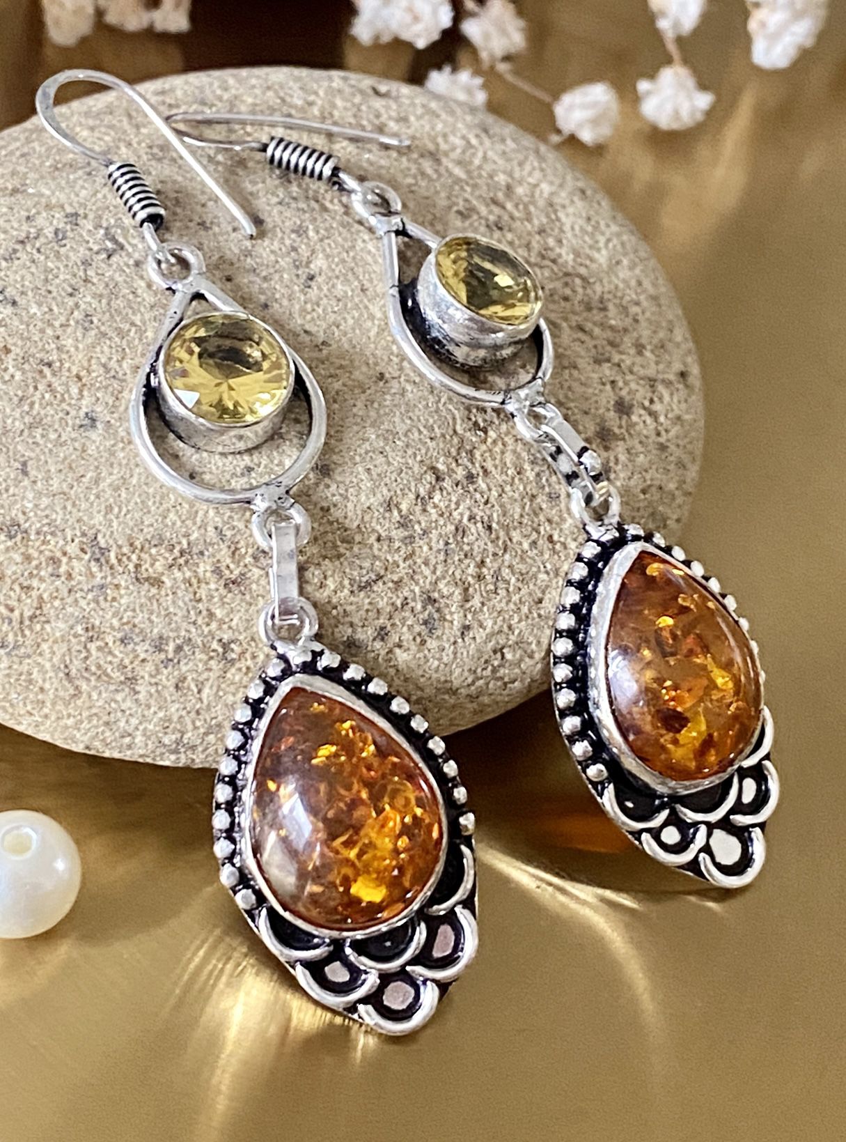 Baltic Amber And Citrine 925 Sterling Silver Overlay Handcrafted Earrings