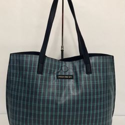 Reversible Soft Leather Plaid Tote Bag 
