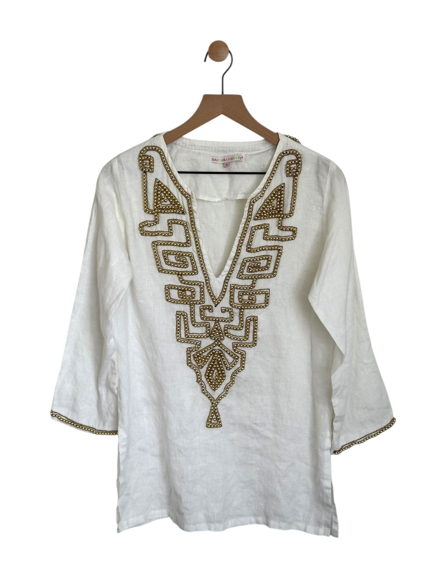 Barbara Gerwit 100% Linen V Neck Tunic Top Beaded Women's Med.