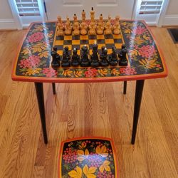 Vintage Сhess Table with Stool Original Khokhloma and Wood Chess Set, Made in USSR