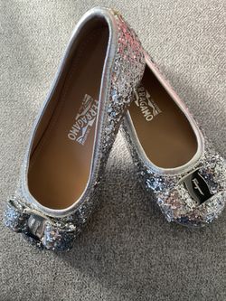 Salvatore Ferragamo I girl glitter Sparkle Silver Ballerina Flat Shoes Size 10.5