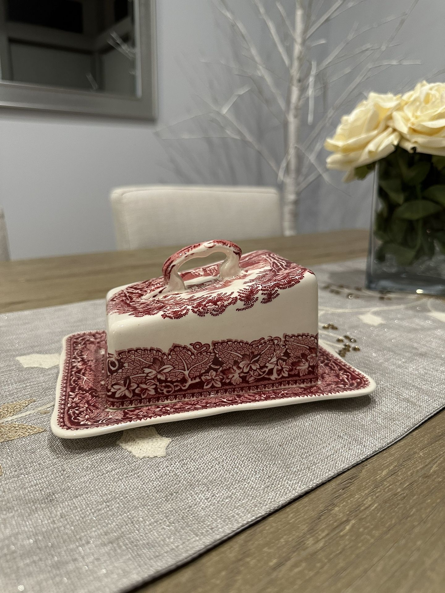 1800s vintage Masons vista pink cheese dish with lid