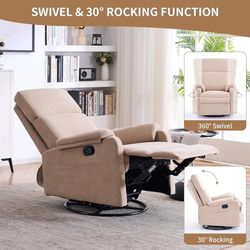 Recliner Chair for Adults, 360° Swivel Rocking Chair Nursery, Small Rocker Recliners for Small Spaces, Glider Recliner Nursery Chair with Side Pocket 