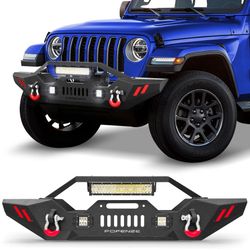 Pofenze For 2007-2024 Jeep Wrangler JK JL & Gladiator JT Front Bumper Offroad Full Width Bumper With Winch Plate, 144W LED Light Bar & 2x18W Square Li