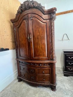 Large Ornate Wood Armoire with Drawers
