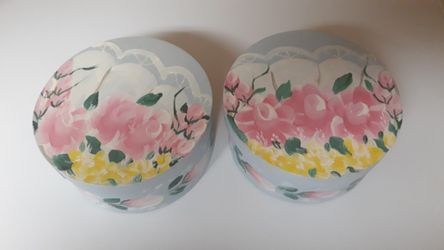 2 Handmade Wooden Silk Lined Round Boxes
