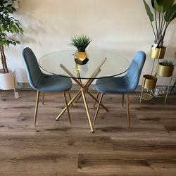 Blue Gold Velvet Modern Glass Dining Set For 2
