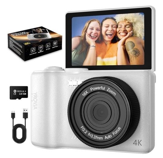 4K Digital Camera, 64MP, 16X Zoom, 180° Flip Screen, with 128GB microsd, pouch