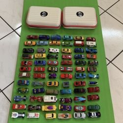 72 Vintage Mattel Hot Wheels And Match Box Cars With 50 Year Anniversary Mustang Zippered Boxes