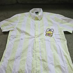 NEW Keroppi Lime Green & White Stripe Woven Button Shirt M
