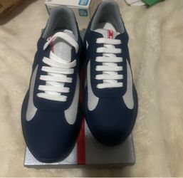 Prada /Navy Blue / Silver Prada Novo Calb Sneakers, Size 43