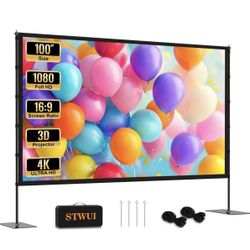 Projector Screen with Stand - 100 Inch Outdoor Projector Screen Portable Projector Screens 16:9 4K HD Outdoor Movie Screen with Carry Bag Can Enioy Ho