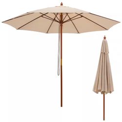 9.5 ft. Patio Rope Pulley Wooden Market Patio Umbrella with Fiberglass Ribs Outdoor Beige
