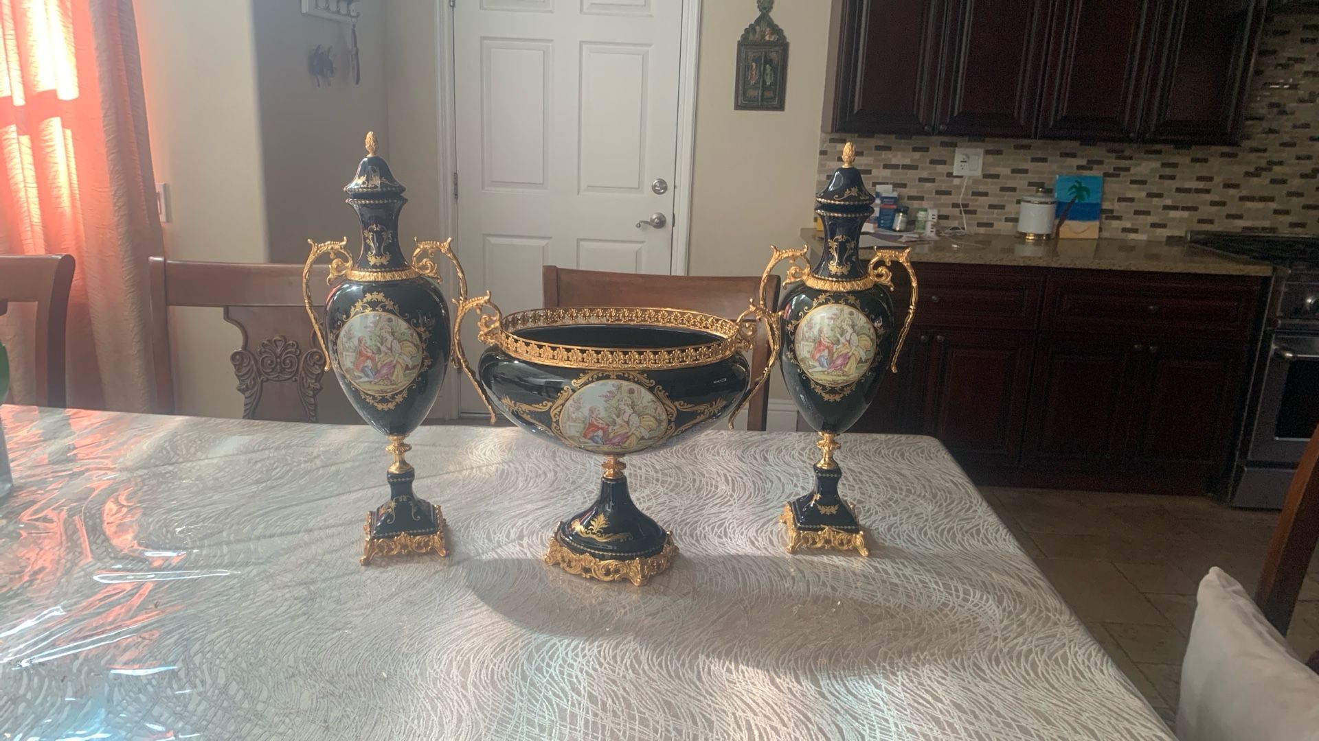 3 Elegant Pieces Ceramic Dark Blue And Gold Handles