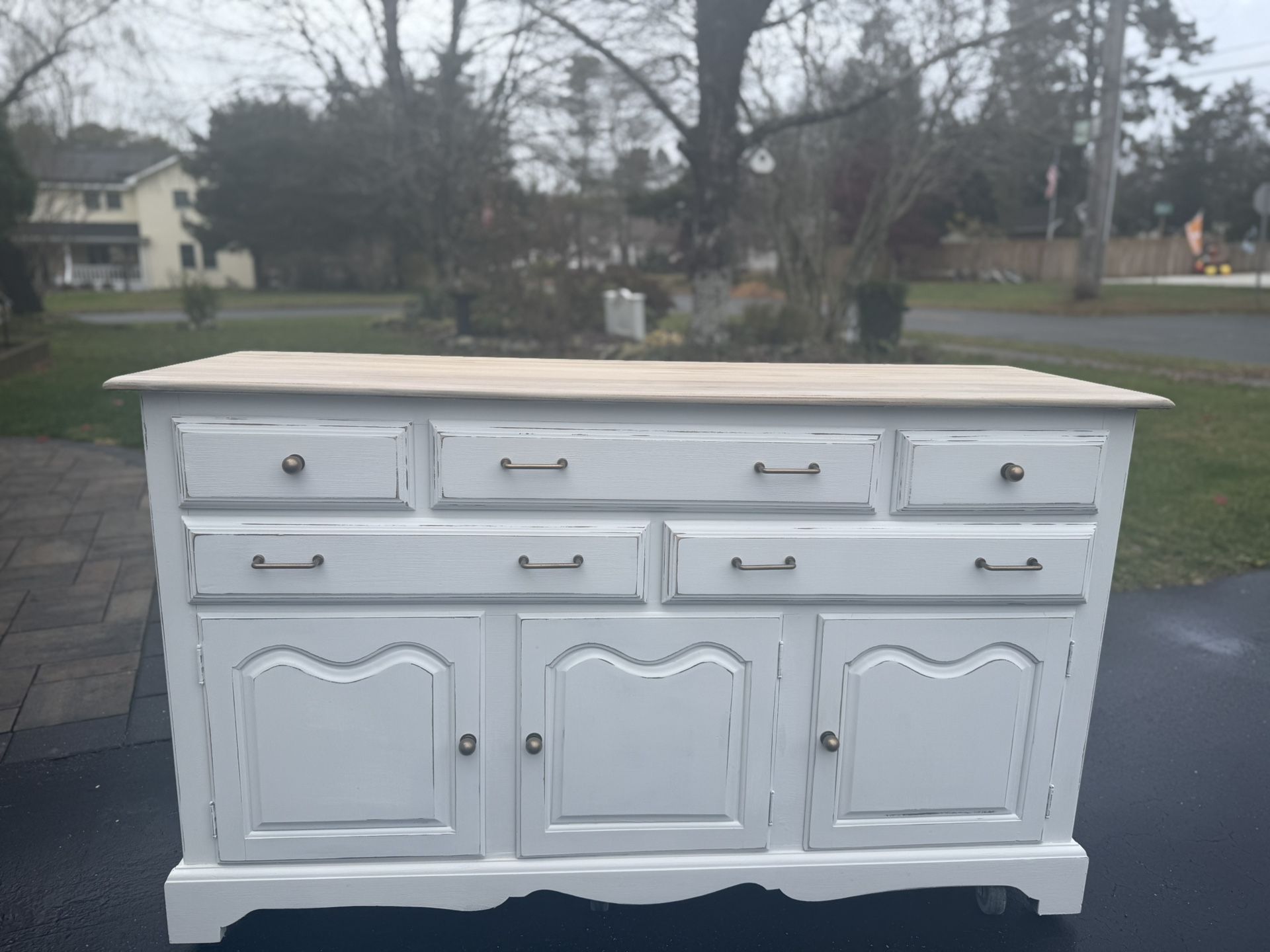 56” white cottage buffet server tv console cabinet coffee bar. sideboard