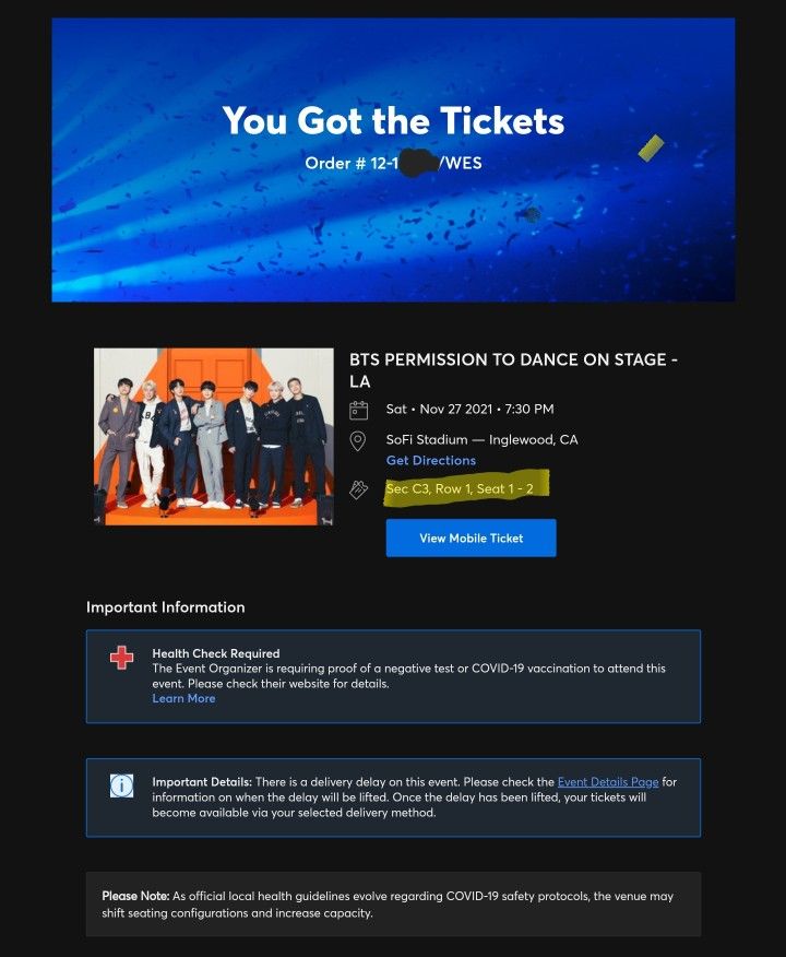 BTS Permission To Dance On Stage Floor Seats | Sec C3, Row 1, Seats 1-2 | Two Tickets