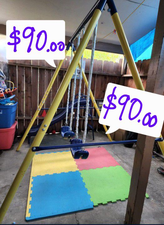 Used Metal Swing Set with 5ft Heavy Duty Slide and Two Swing With Green Saucer Swing 