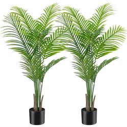 AnTing 4FT Artificial Golden Cane Palm Tree 2Pack 15Leaves Faux Triple Tropical Palm Plants