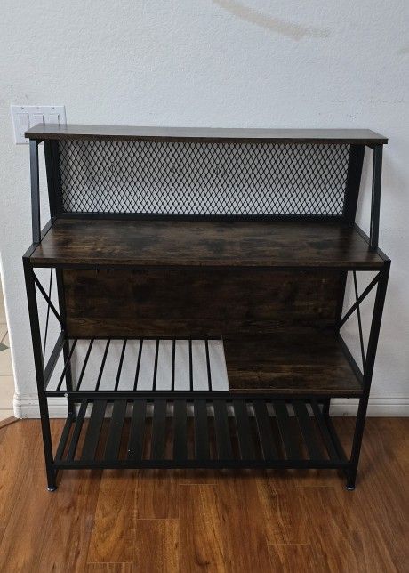 Coffee Bar Storage Cabinet with Mesh Panel and Wine Rack - Rustic Brown