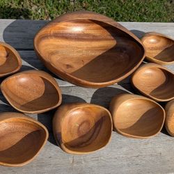 Vintage Mid-Century Modern 9-Piece Teak Wood Snack & Nut Bowl Set Handmade


