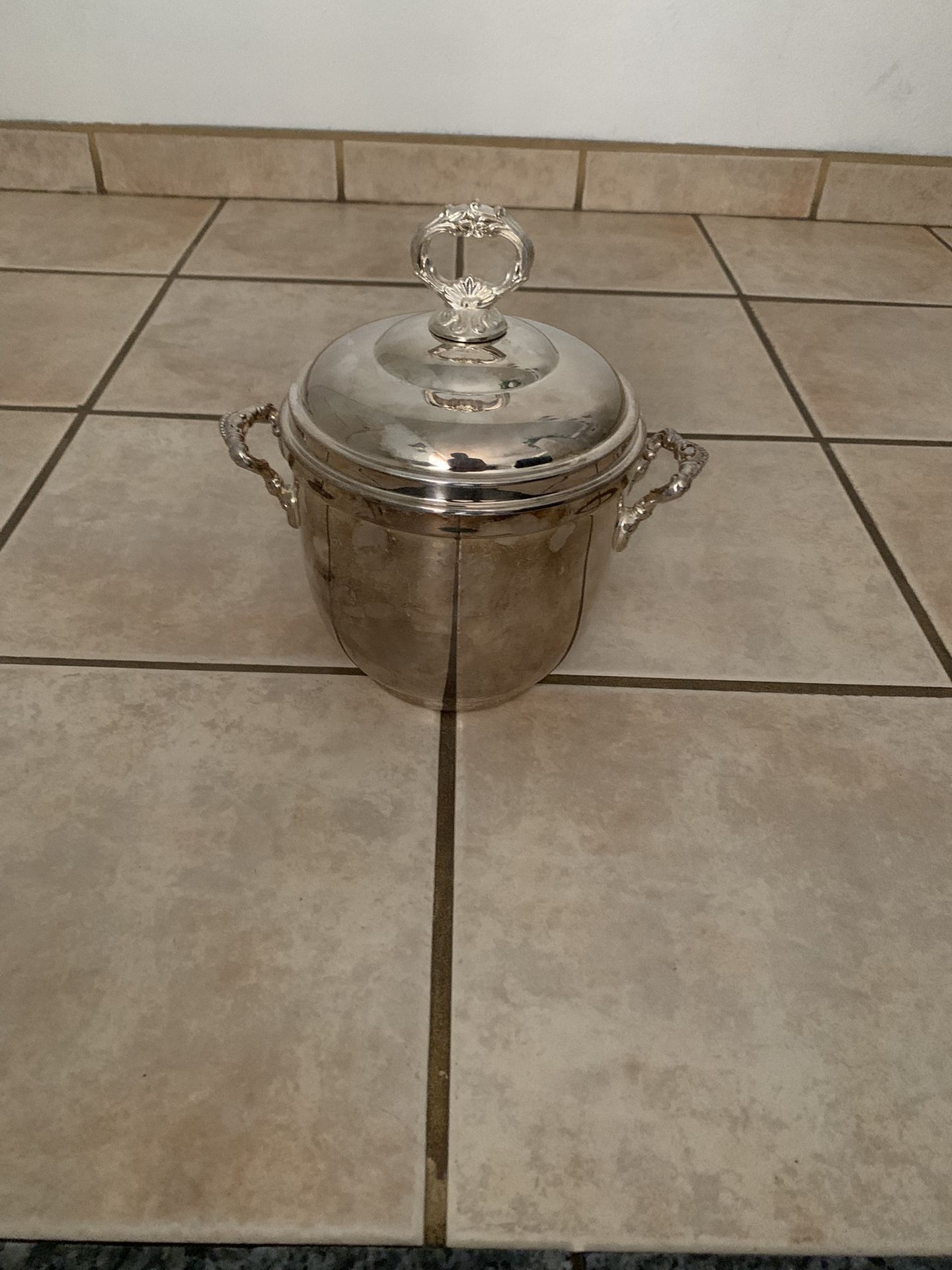 Sheridan Silverplate Ice Bucket with a Milk Glass Pyrex Insert and a Cork Liner  