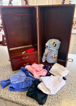 Wooden doll trunk with American Girl/Pleasant Company clothes