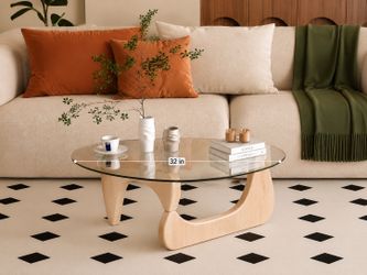 32in Coffee Table for Living Room Mid Century Modern Center Table with Glass Top and Wood, Clear/Wood