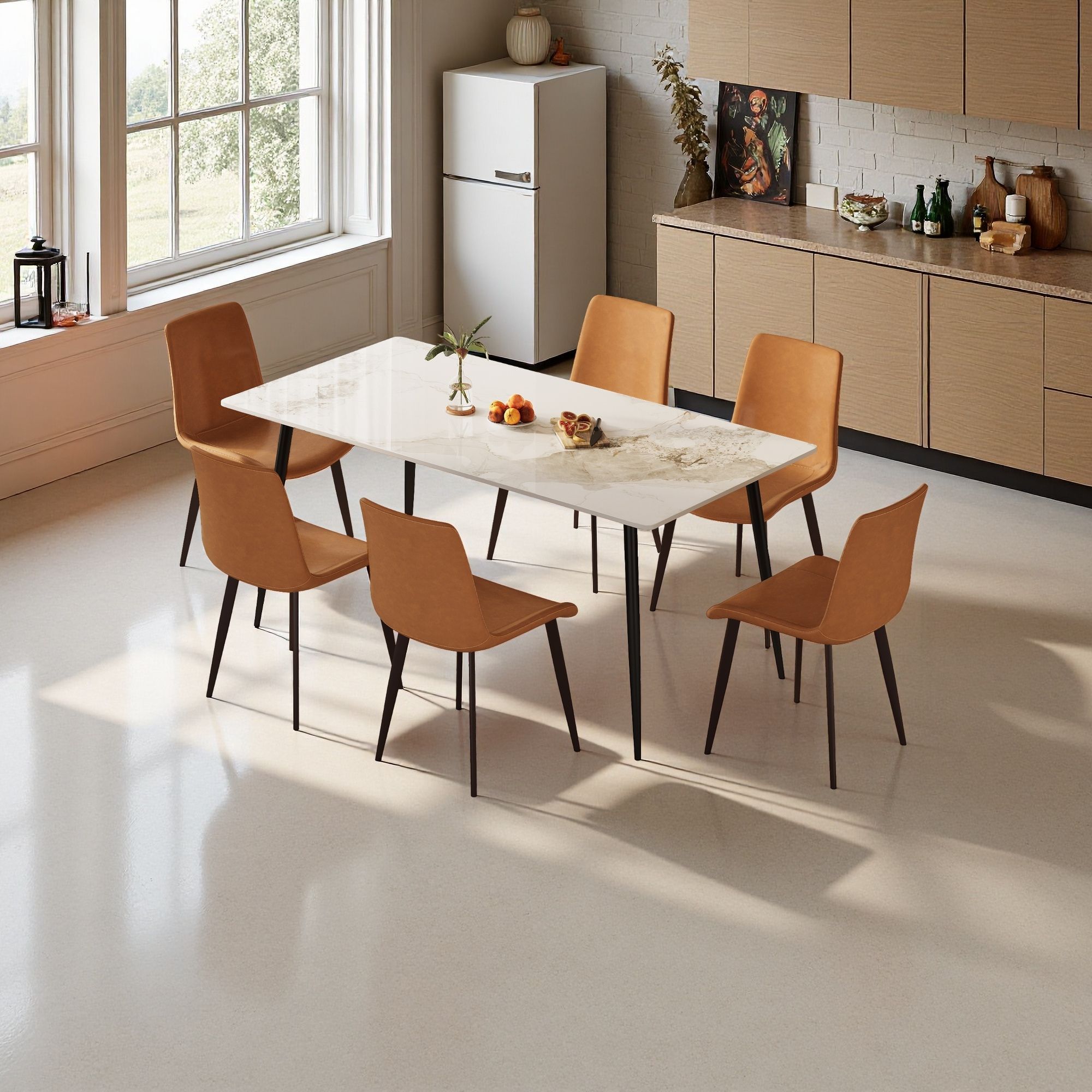 Dining Table with Sintered Stone Tabletop and Metal Legs, 63 Rectangular Modern Kitchen & Dining Room Table