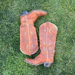 Acme Inlay Flowers Western Cowboy Boots USA Made Brown Rockabilly VTG size 8C