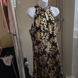 Eliza J Dress Sz12 Floral Black And Gold Metallic Wedding Party Guest Gown