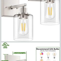  Wall Sconces Set of Two, Brushed Nickel Modern Wall Sconces Lighting with Clear Glass Shade, Industiral Bathroom Vanity Light Fixtures, Farmhouse Wal
