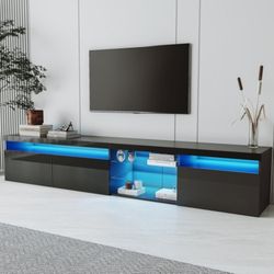 95” Black Unique Design TV Stand With 2 Glass Shelves, Ample Storage Space Media Console [NEW]** Assembly required**