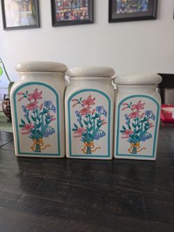 Set Of 3 Vintage Montgomery Ward Ceramic Kitchen Canisters Floral Taiwan