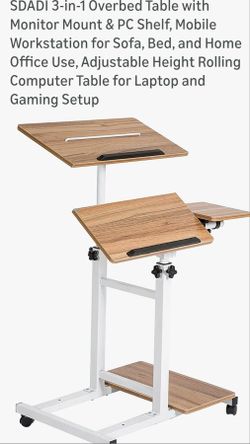  3-in-1 Overbed Table with Monitor Mount & PC Shelf, Mobile Workstation for Sofa, Bed,and Home Office Use, Adjustable Height Rolling Computer Tab