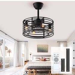 Black Caged Ceiling Fans with Lights and Remote,