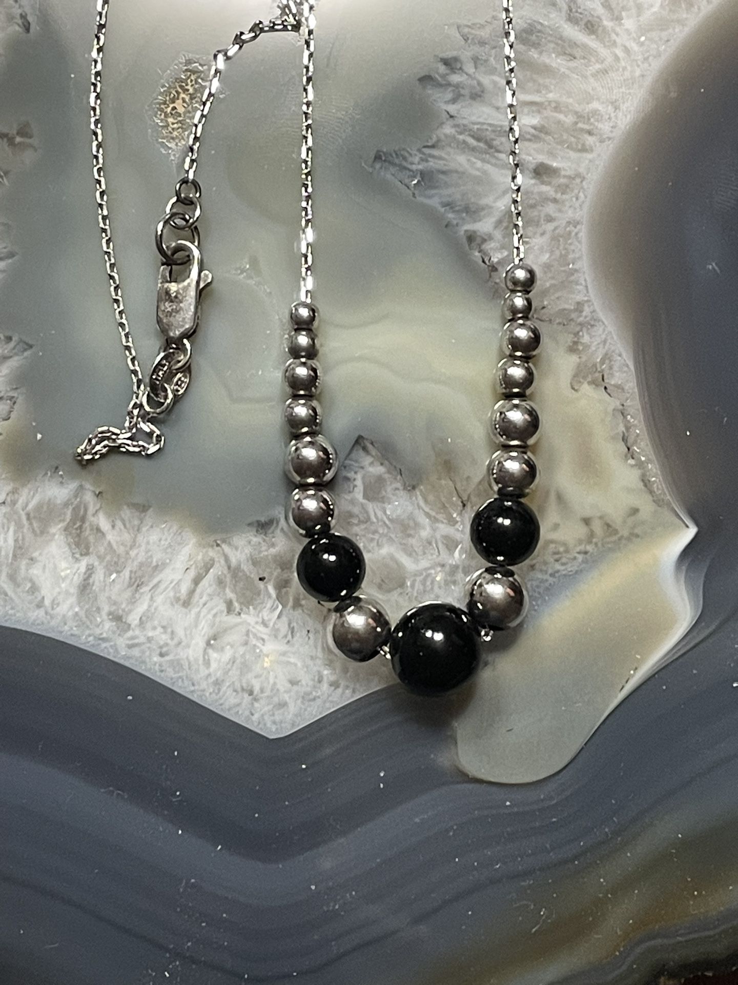 Sterling Silver Beaded Black Necklace 