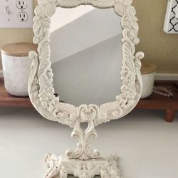 Vintage Floral Ornate  Distressed White Cast Iron Free Standing Table Mirror JM8 Iron Art The Price Is Firm!