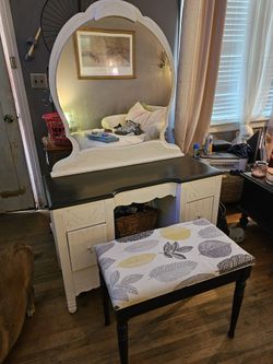 Antique Vanity W/Mirror And Upholstered Bench W/ Storage