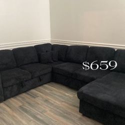 XL Sectional Sofa With Pull-out Bed & Storage Black  Corduroy Fabric 